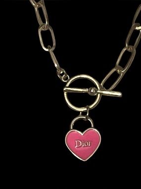 Dior Gold Chain Necklace with Pink Heart Charm